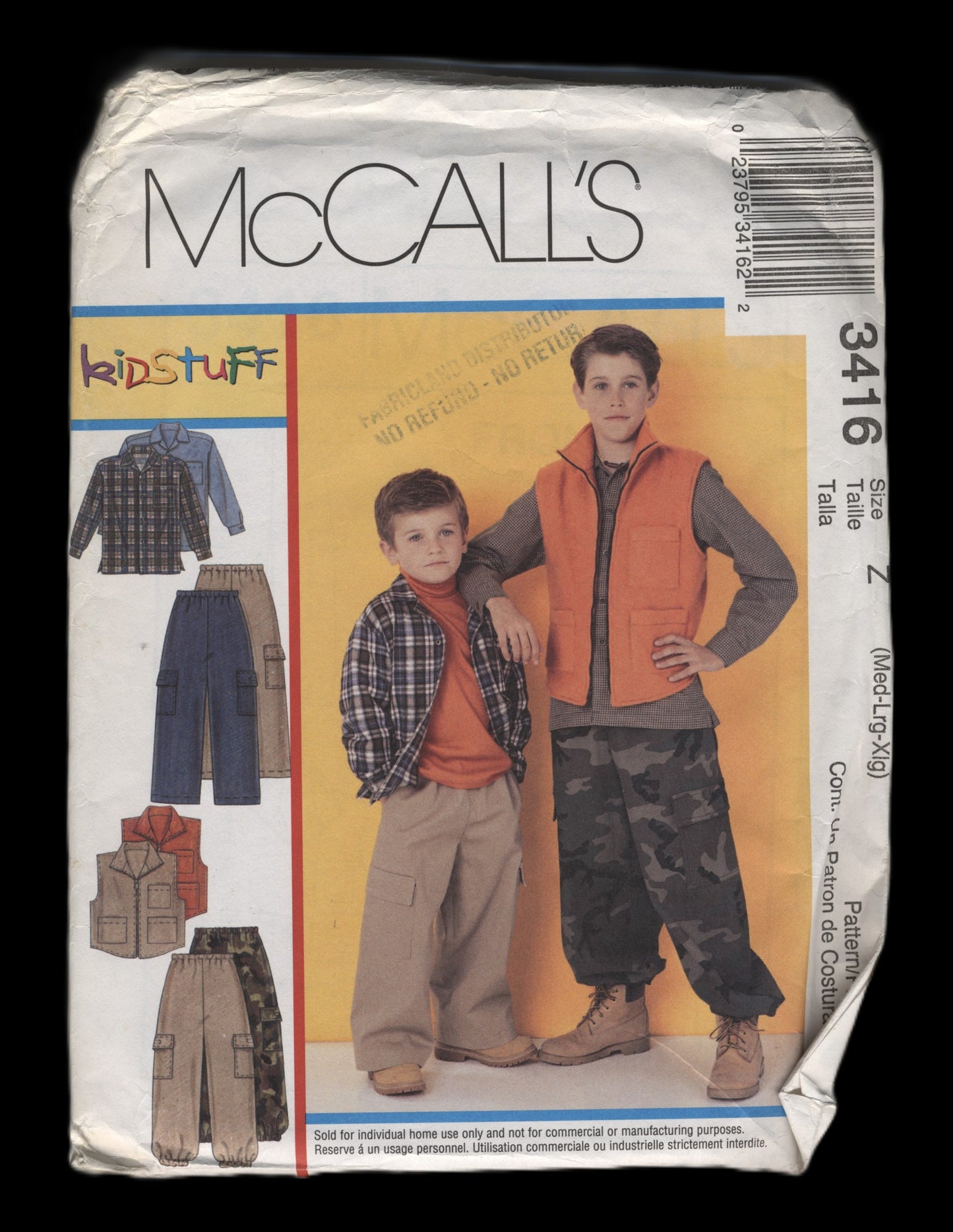 McCalls 3416 Boys Shirt Vest and Pull on Pants Sewing Pattern UNCUT Size Med Lrg Xlg