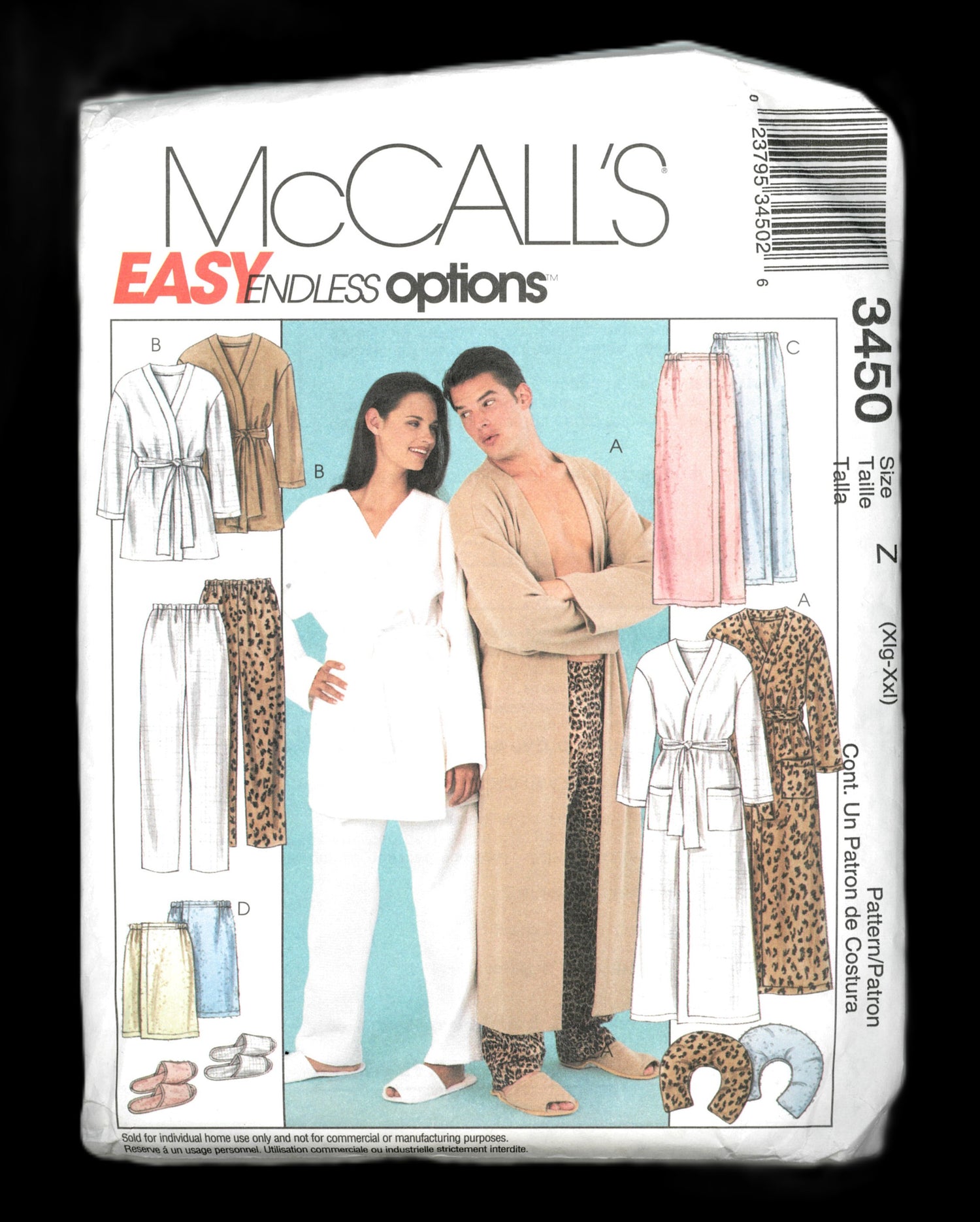 McCalls 3450 Misses, Mens and Teen Boys Robe in Two Lengths , Shower Wrap in Two Lengths, Pull on Pants, Neck Pillow and Slippers Sewing Pattern - UNCUT - Size Xlg - Xxl