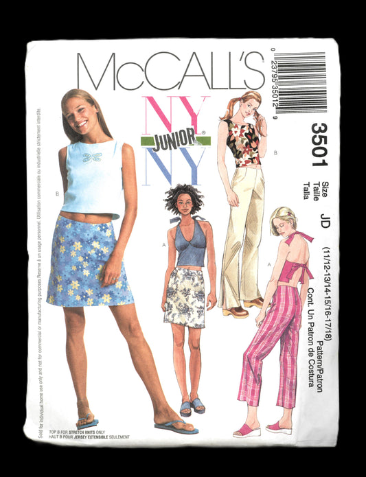 McCalls 3501 NY NY Junior's Tops Low Rise Pants in Two LEngths and Skirt Sewing Pattern UNCUT Size 11/12 13/14 15/16 17/18