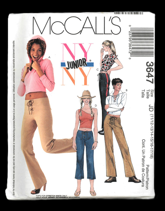 McCalls 3647  NY NY Junior's Tops Pants and Capri Pants Sewing Pattern UNCUT Size 11/12 13/14 15/16 17/18