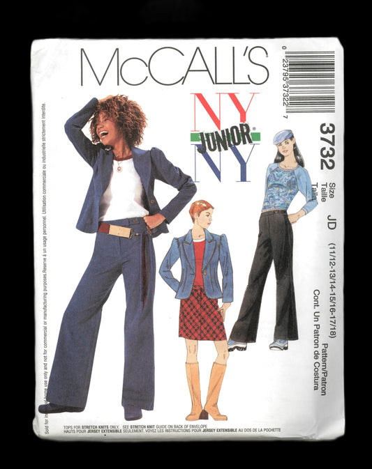 McCalls 3732 NY NY Junior's Unlined Jacket Top Pants and Skirt Sewing Pattern UNCUT Size 11/12 13/14 15/16 17/18