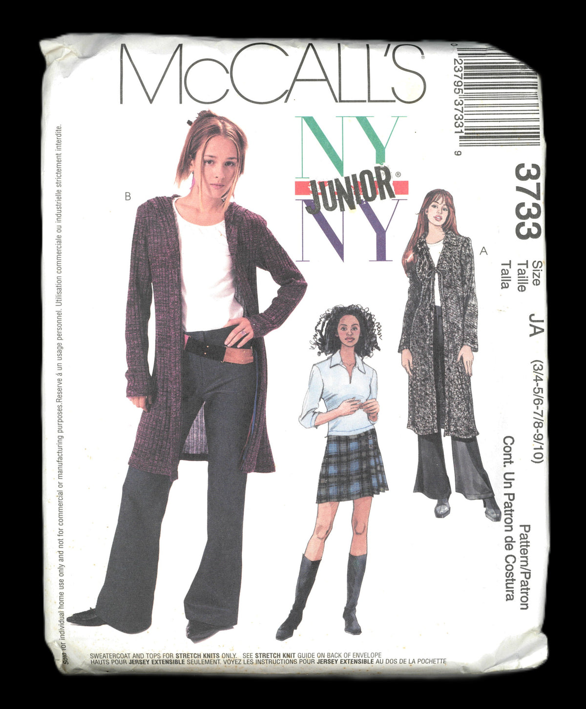 McCalls 3733 NY NY Junior's Sweatercoat in Two Lengths, Top, Pants and Skirt Sewing Pattern UNCUT Size 3/4 5/6 7/8 9/10