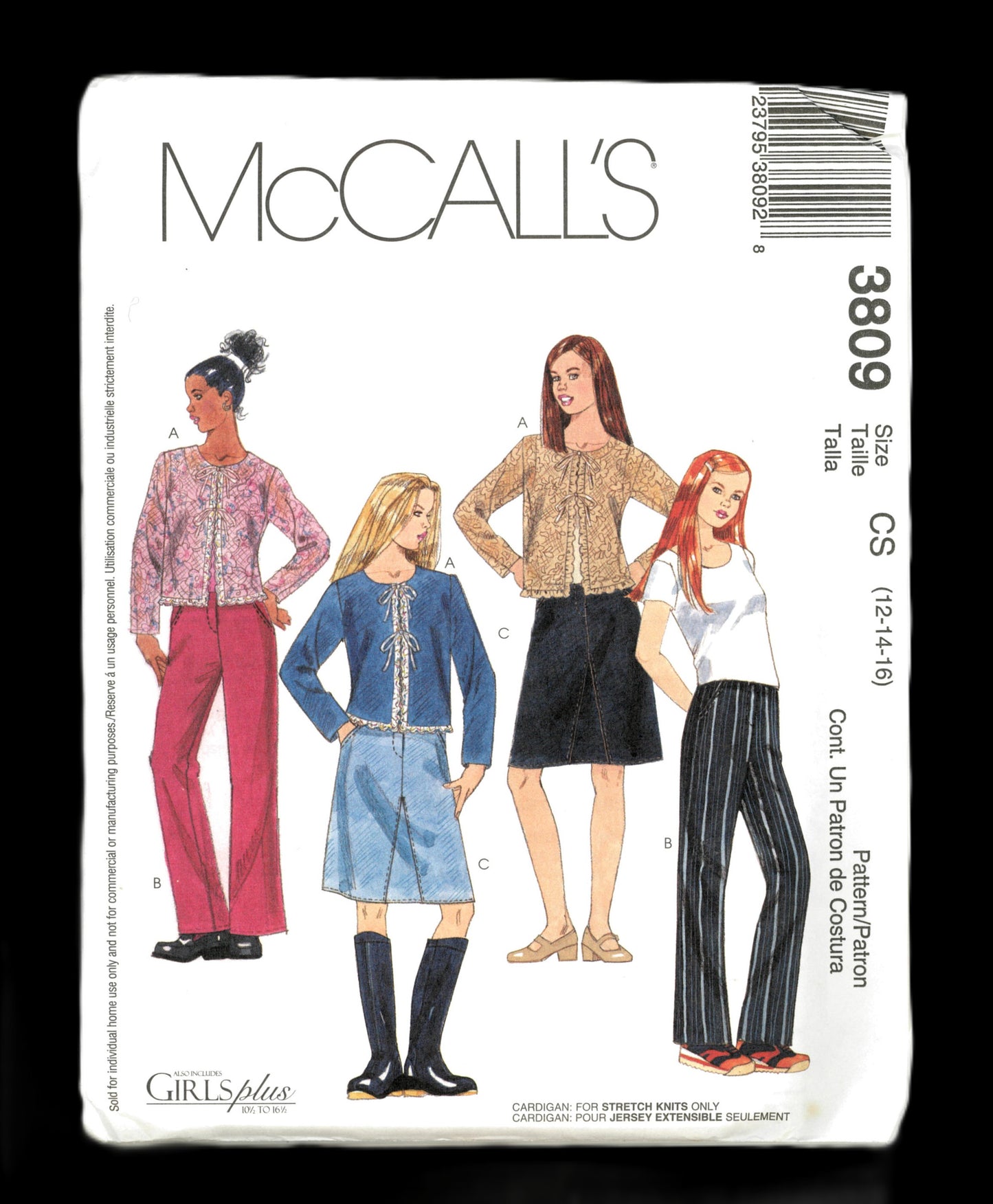 McCalls 3809 Girls Cardigan Pants and Skirt Sewing Pattern - UNCUT - Size 12 14 16