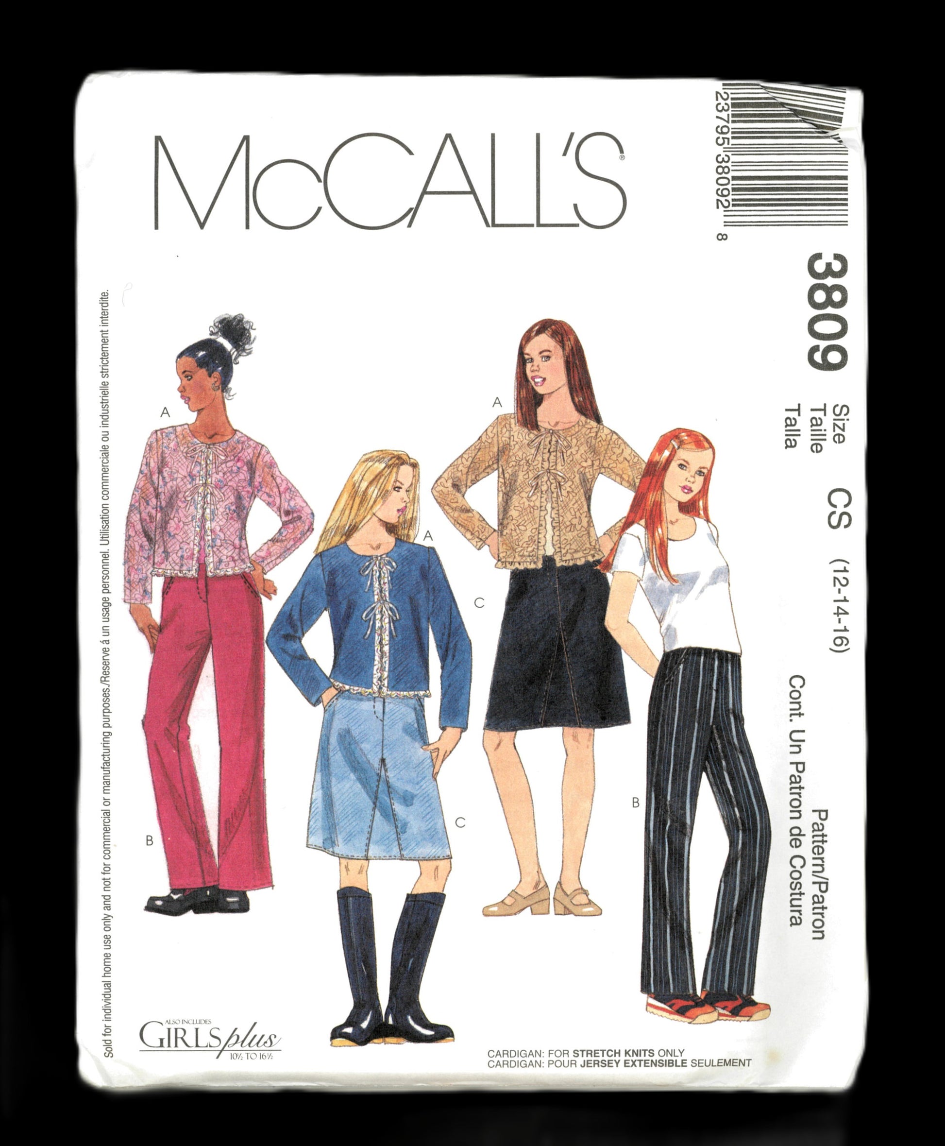 McCalls 3809 Girls Cardigan Pants and Skirt Sewing Pattern - UNCUT - Size 12 14 16