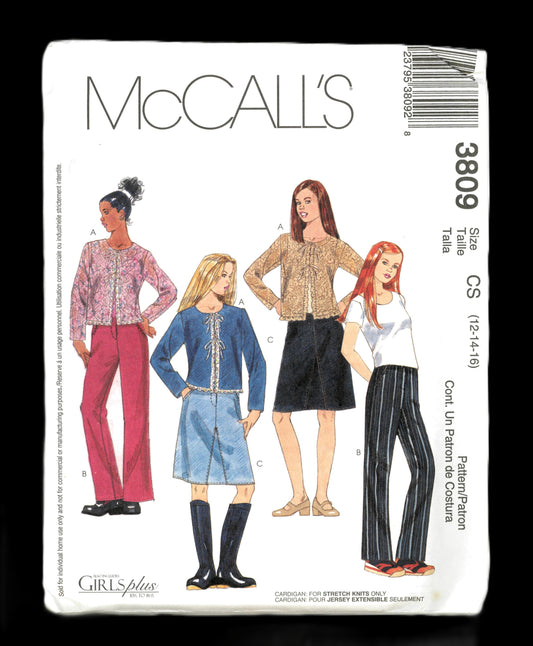 McCalls 3809 Girls Cardigan Pants and Skirt Sewing Pattern - UNCUT - Size 12 14 16