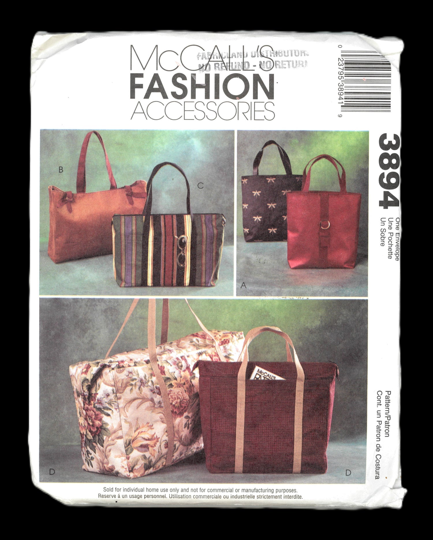 McCalls 3894 Fashion Accessories Tote Bags Sewing Pattern - UNCUT