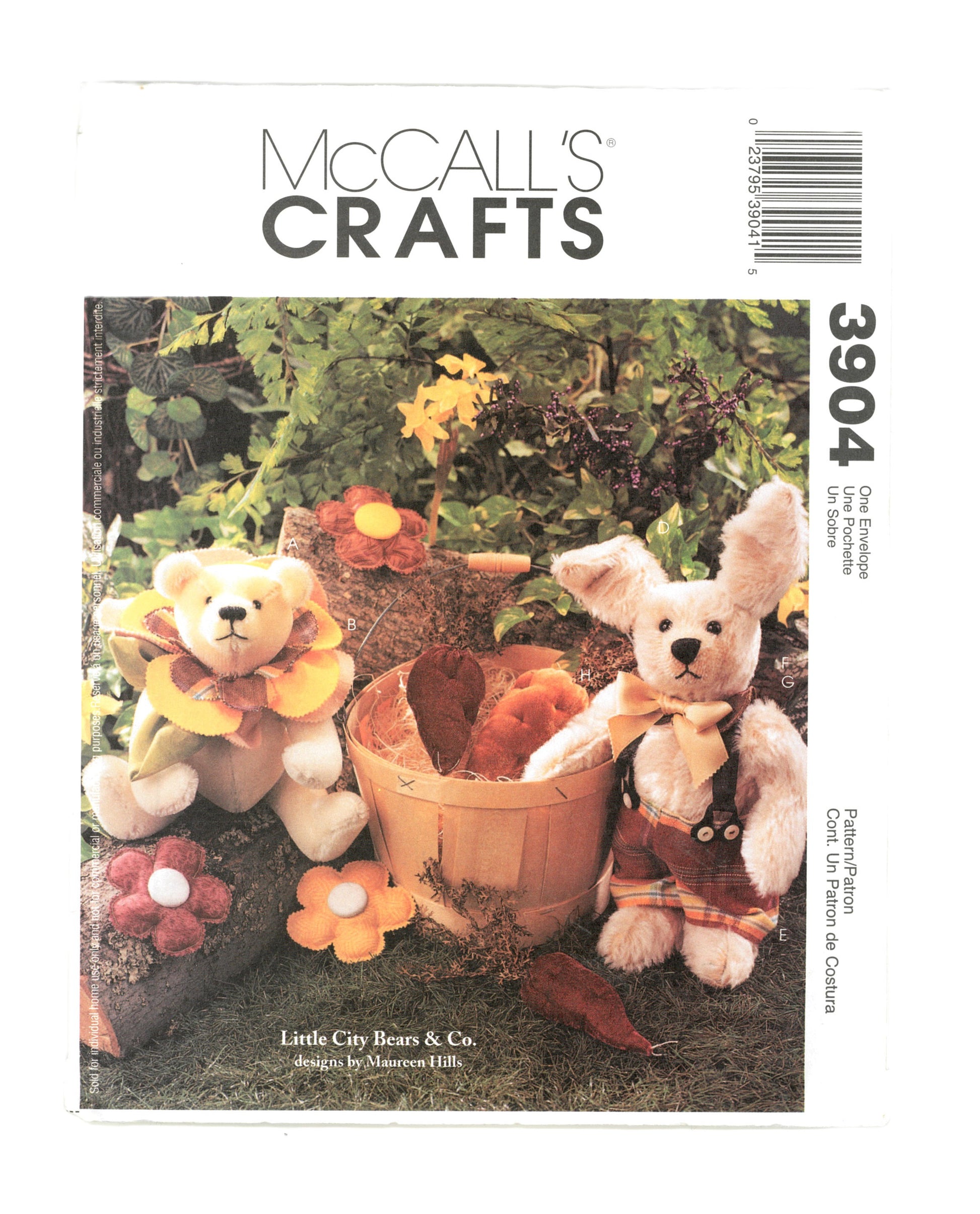 McCalls 3904 Plush Bear and Bunny Sewing Pattern UNCUT