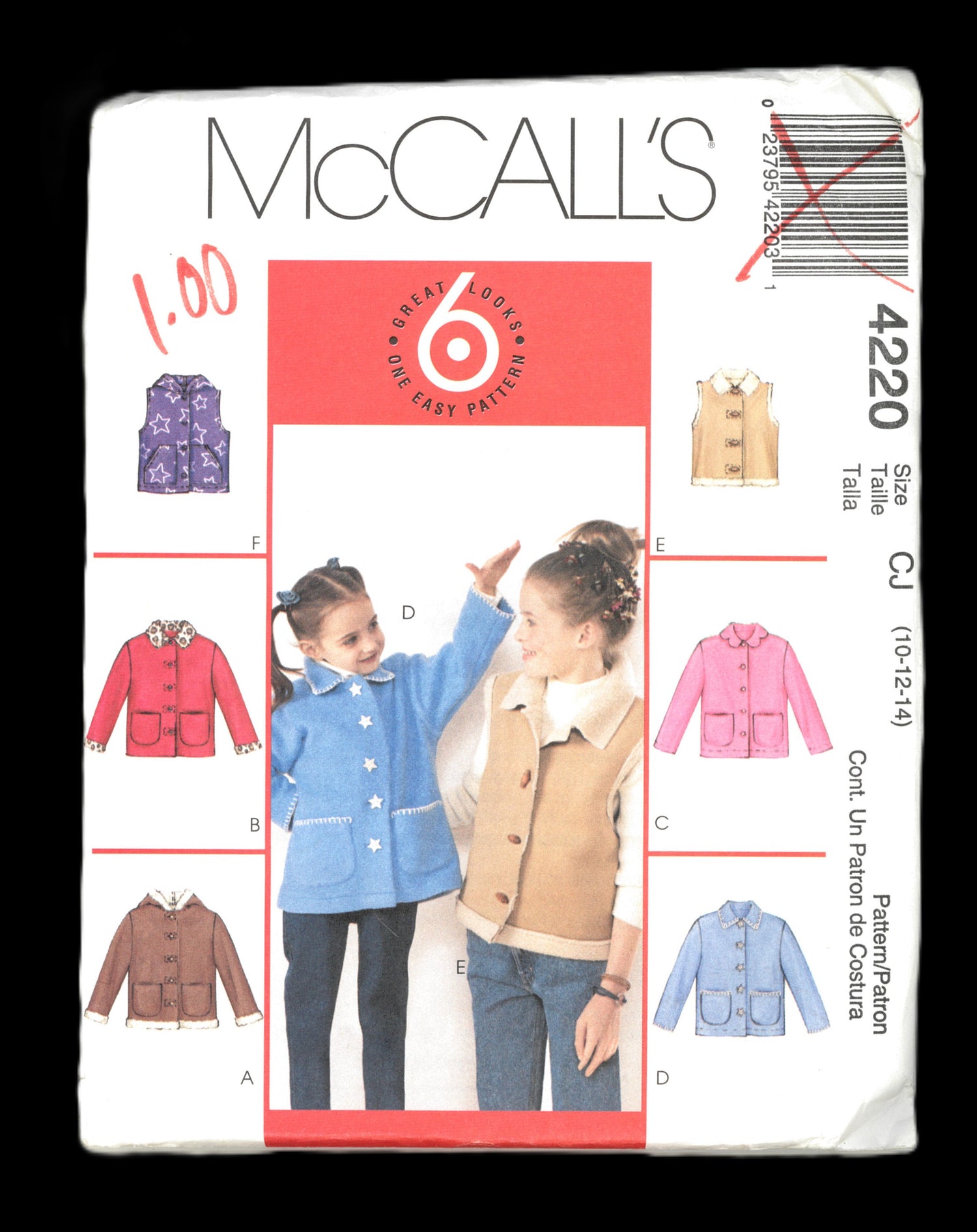 McCalls 4220 Childrens/Girls Unlined Jackets and Vests Sewing Pattern UNCUT Size 10 12 14