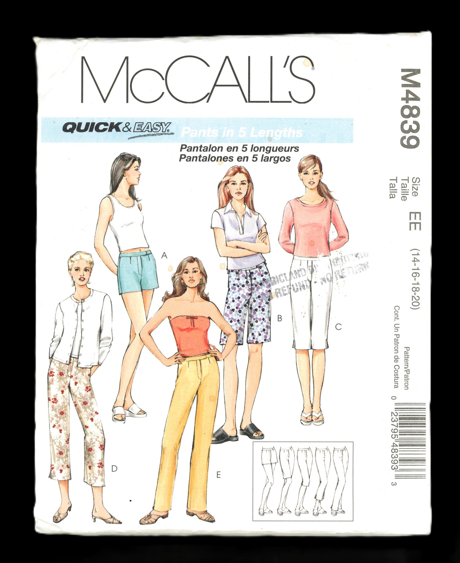McCalls 4839 Misses / Miss Petite Shorts in Two Lengths and Pants in Three Lengths Sewing Pattern UNCUT - Size 14 16 18 20