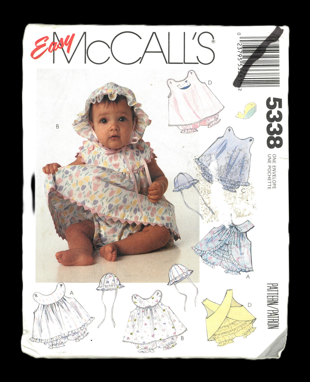 McCalls 5338  Infants Sundresses, Panties, Bonnet, Applique and Top Sewing Pattern UNCUT Size Nb S M