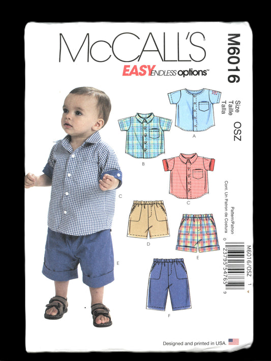 McCalls 6016 Infants Shirts Shorts and Pants Sewing Pattern - UNCUT - Size S M L XL
