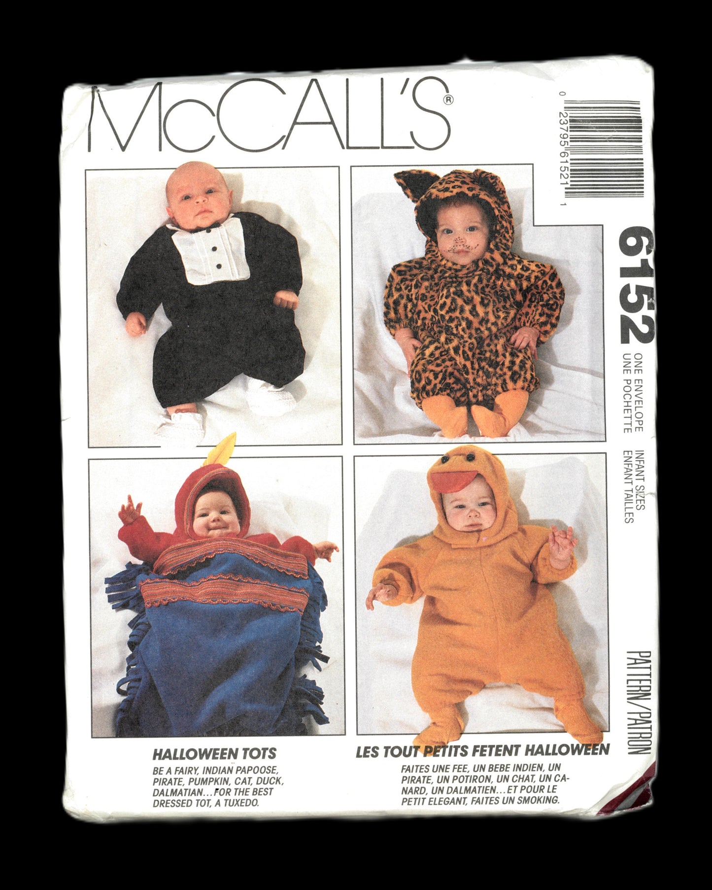 McCalls 6152 Infants Indian Papoose, Duck, Pumpkin, Dalmation, Cat and Tuxedo Costumes with Optional Snap Crotch Sewing Pattern - UNCUT - Size NB Sml Med