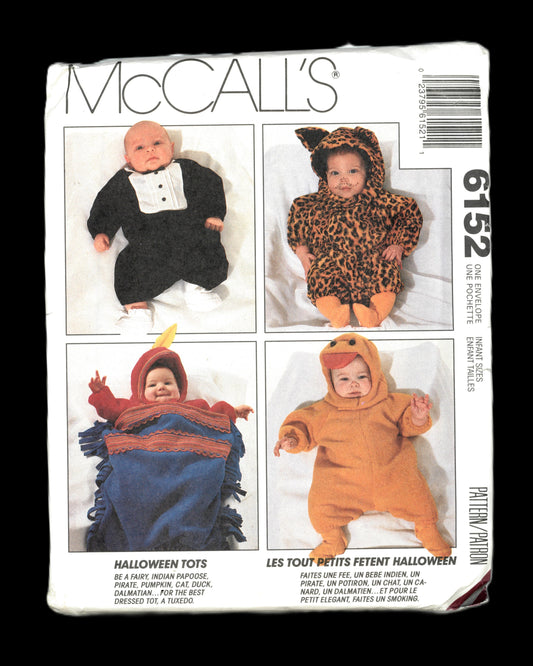 McCalls 6152 Infants Indian Papoose, Duck, Pumpkin, Dalmation, Cat and Tuxedo Costumes with Optional Snap Crotch Sewing Pattern - UNCUT - Size NB Sml Med