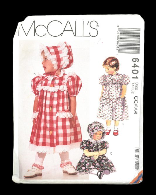 McCalls 6401 Toddlers Dress and Bonnet Sewing Pattern - UNCUT - Size 2 3 4