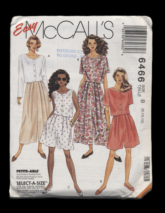 McCalls 6466 Misses Top Spilt Skirt and Shorts Sewing Pattern - UNCUT - Size 8 10 12