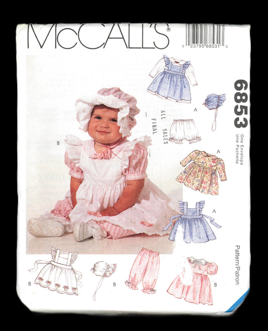 McCalls 6853 Infants Pinafore Dress, Panties, Pantaloons and Bonnet Sewing Pattern - UNCUT - Size S M L XL