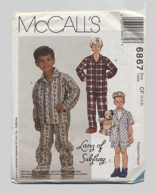 McCalls 6867 Lanz of Salzberg Boys Pajama Tops Pants Shorts and Booties Sewing Pattern UNCUT Size 4 5 6