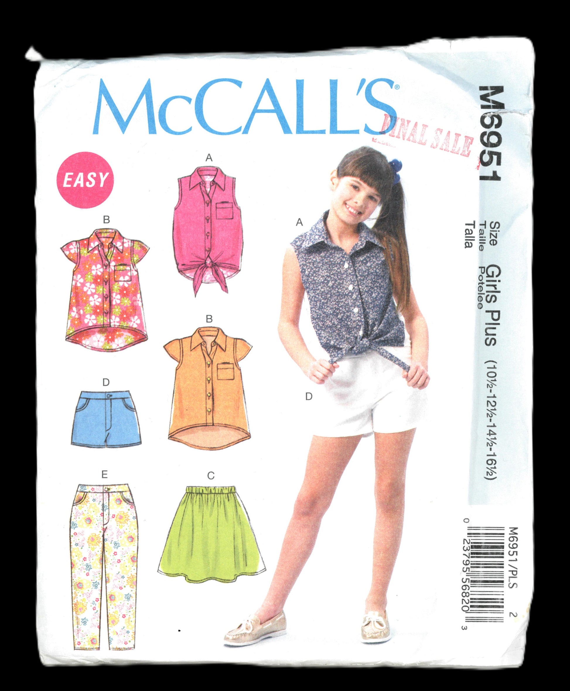 McCalls 6951 Girls Plus Tops Skirt Shorts and Pants Sewing Pattern UNCUT Size 10 1/2 12 1/2 14 1/2 16 1/2
