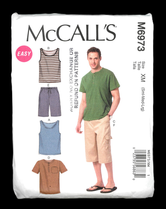 McCalls 6973 Mens Tank Tops. T Shirts and Shorts Sewing Pattern UNCUT Size Sml Med Lrg