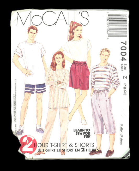 McCalls 7004 Misses and Mens T Shirt, Pants and Shorts in Two Lengths Sewing Pattern UNCUT - Size Xlg - Xxl