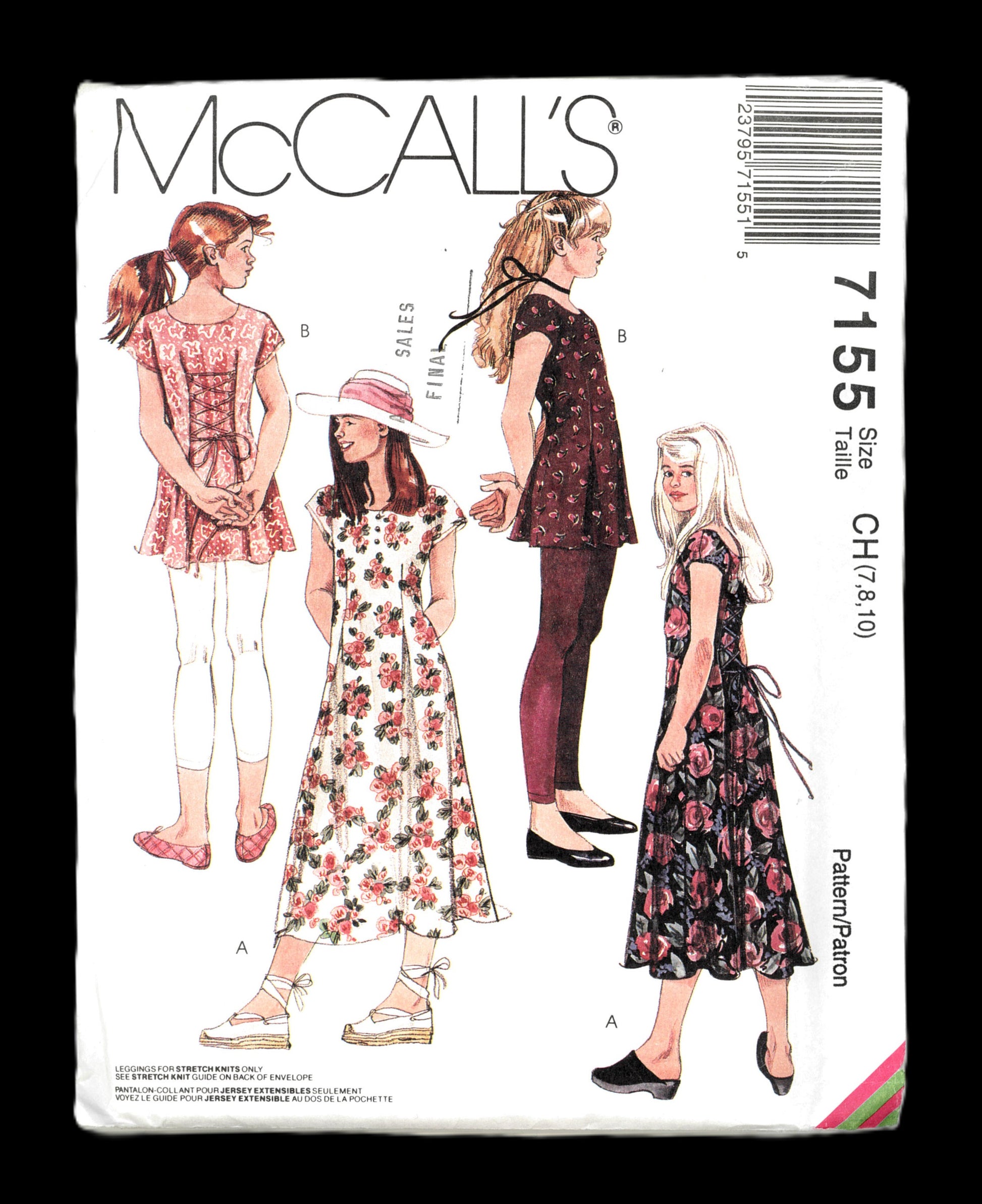 McCalls 7155 Girls Dress and Pull on Leggings in Two Lengths Sewing Pattern - UNCUT - Size 7 8 10
