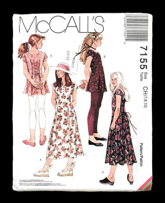 McCalls 7155 Girls Dress and Pull on Leggings in Two Lengths Sewing Pattern - UNCUT - Size 7 8 10