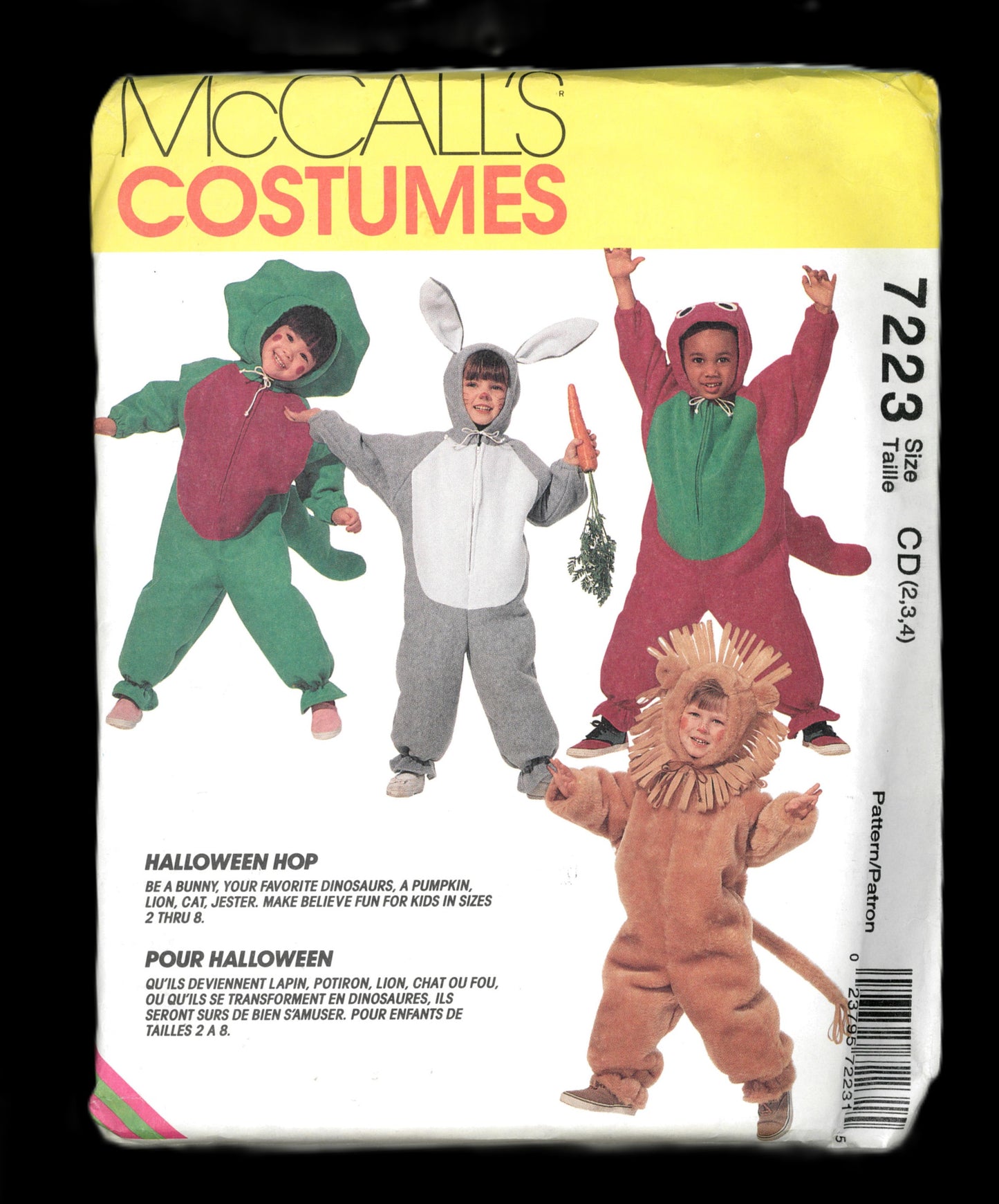 McCalls 7223 Boys and Girls Dinosaur, Pumpkin, Lion, Cat, Jesterand Rabbit Sewing Pattern - UNCUT - Size 2 3 4