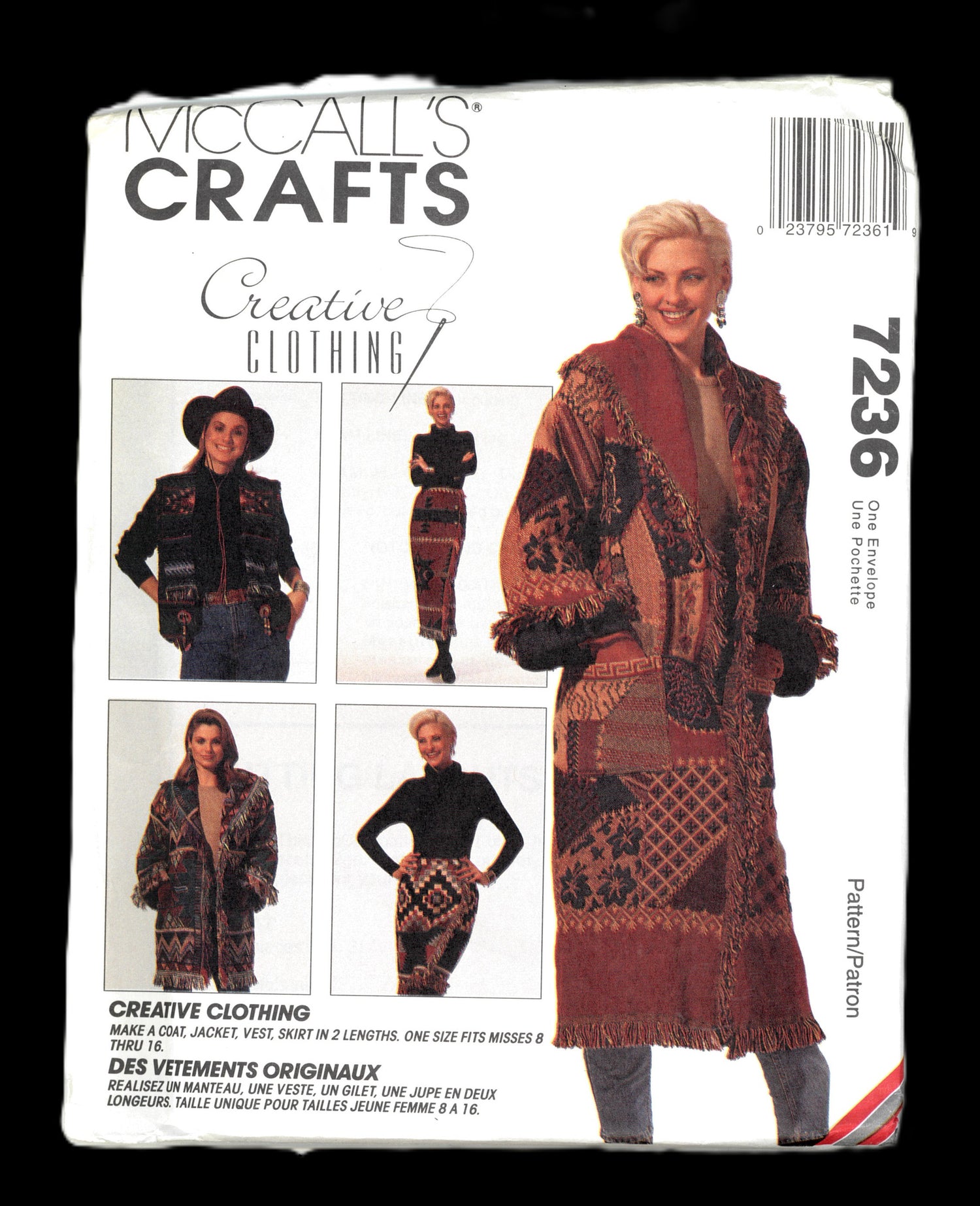 McCalls 7236 Misses Afghan Coat, Jacket, Lined Vest and Wrap Skirt in Two Lengths Sewing Pattern - UNCUT - Size 8 10 12 14 16