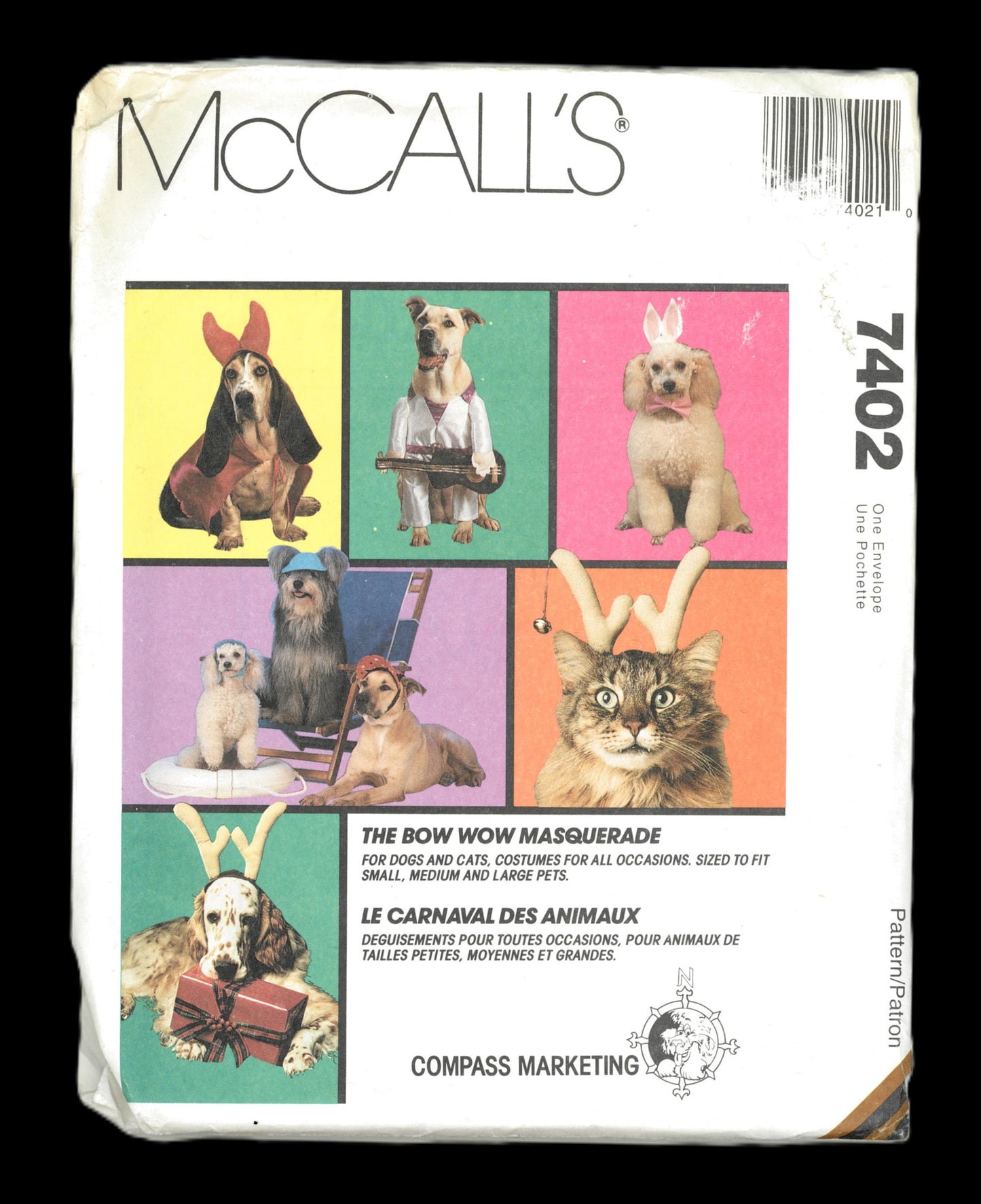McCalls 7402 The Bow Wow Masquerade Dog and Cat Costumes Sewing Pattern UNCUT  Sized for Small Medium and Large Pets.