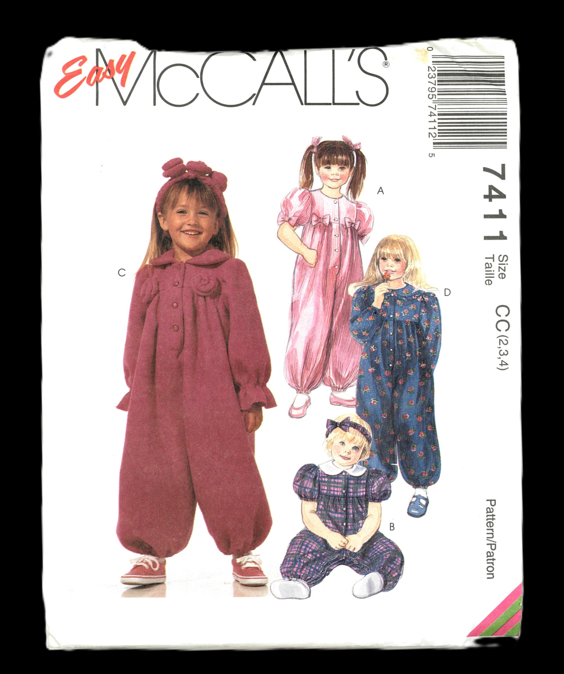 McCalls 7411 Toddler Girls Jumpsuit with Optional Snap Crotch and Headband Sewing Pattern - UNCUT - Size 2 3 4