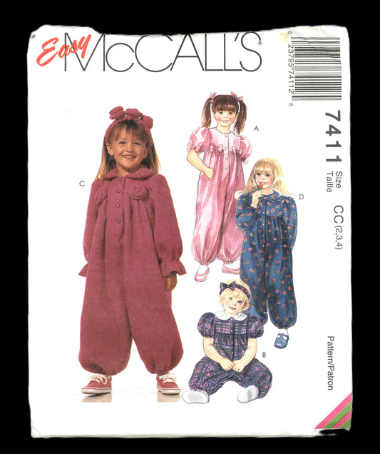 McCalls 7411 Toddler Girls Jumpsuit with Optional Snap Crotch and Headband Sewing Pattern - UNCUT - Size 2 3 4