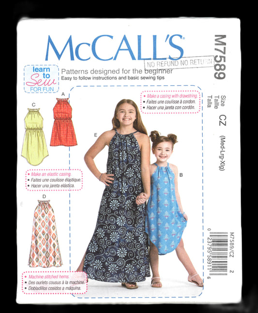 McCalls 7589 Girls Dresses Sewing Pattern UNCUT Size Med Lrg Xlg