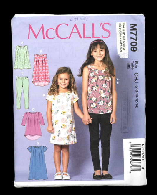 McCalls 7709 Girls Tops Dresses and Leggings Sewing Pattern - UNCUT Size  7 8 10 12 14