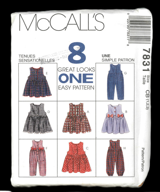 McCalls 7831 Toddlers Jumper and Jumpsuit with Optional Snap Crotch Sewing Pattern - UNCUT - Size 1 2 3