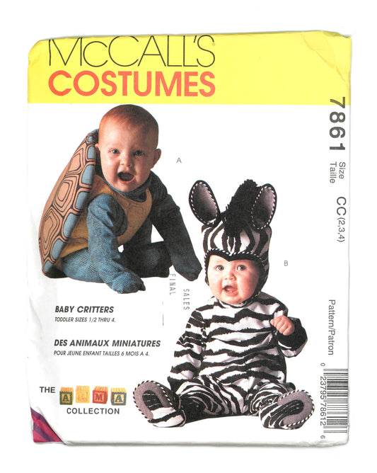 McCalls 7861  Baby Critters Toddlers Turtle and Zerbra Costumes Sewing Pattern - UNCUT - Size 2 3 4