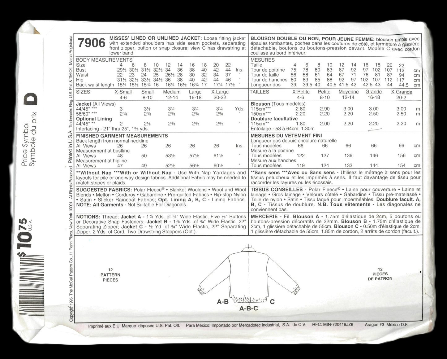 McCalls 7906 Misses Lined or Unlined jacket Sewing Pattern - UNCUT Size Large (16,18)