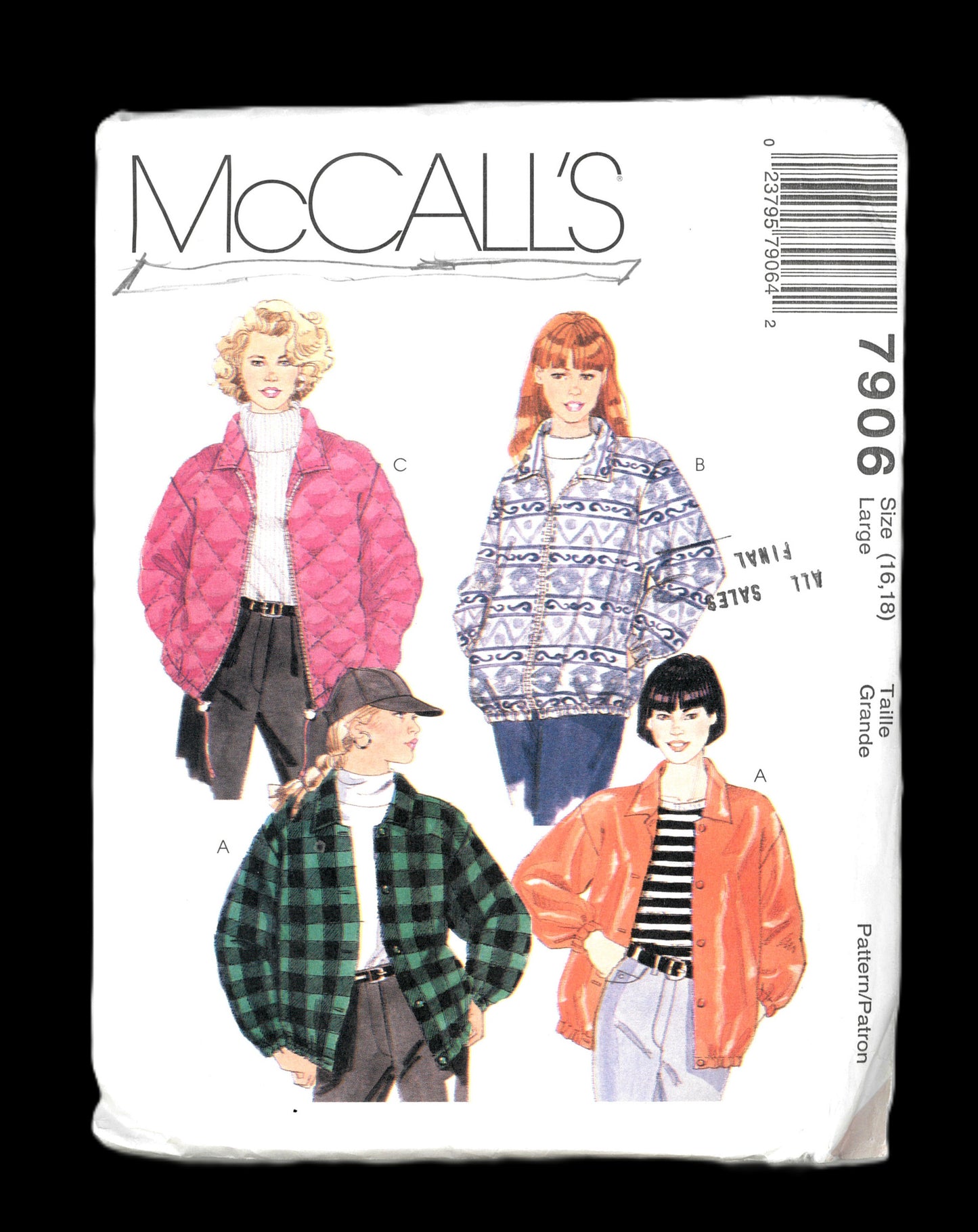 McCalls 7906 Misses Lined or Unlined jacket Sewing Pattern - UNCUT Size Large (16,18)