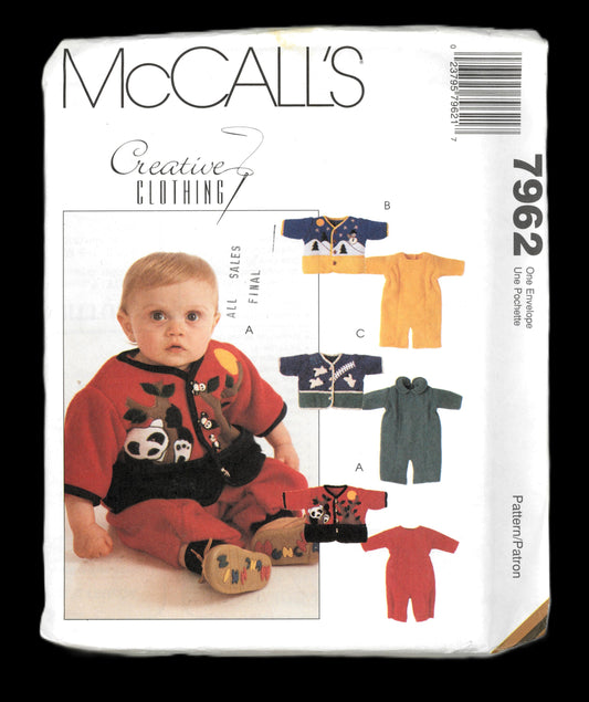 McCalls 7962 Infants Jumpsuit and Lined Jacket with Appliques Sewing Pattern - UNCUT - Size S M L XL