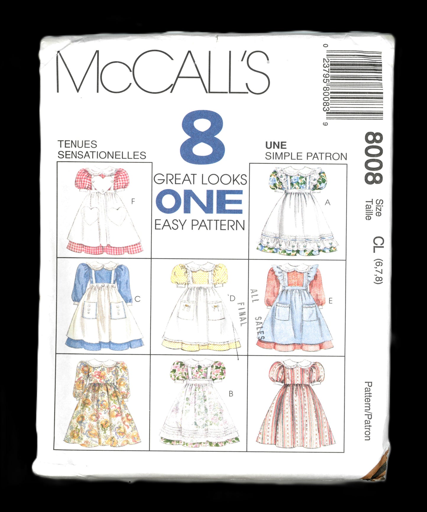 McCalls 8008 Childrens and Girls Dress and Pinafore Sewing Pattern - UNCUT - Size 6 7 8