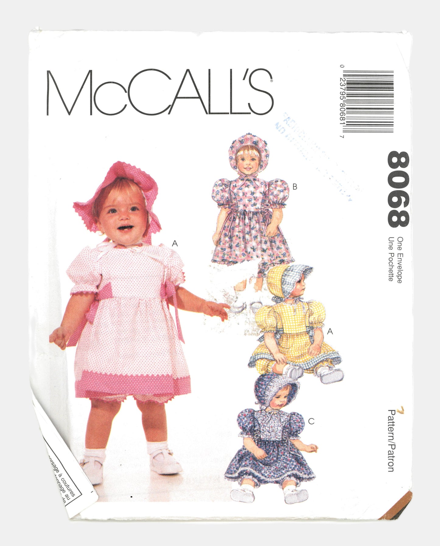 McCalls 8068 Infants Dress Pantaloons and Bonnet Sewing Pattern - UNCUT - Size S M L XL