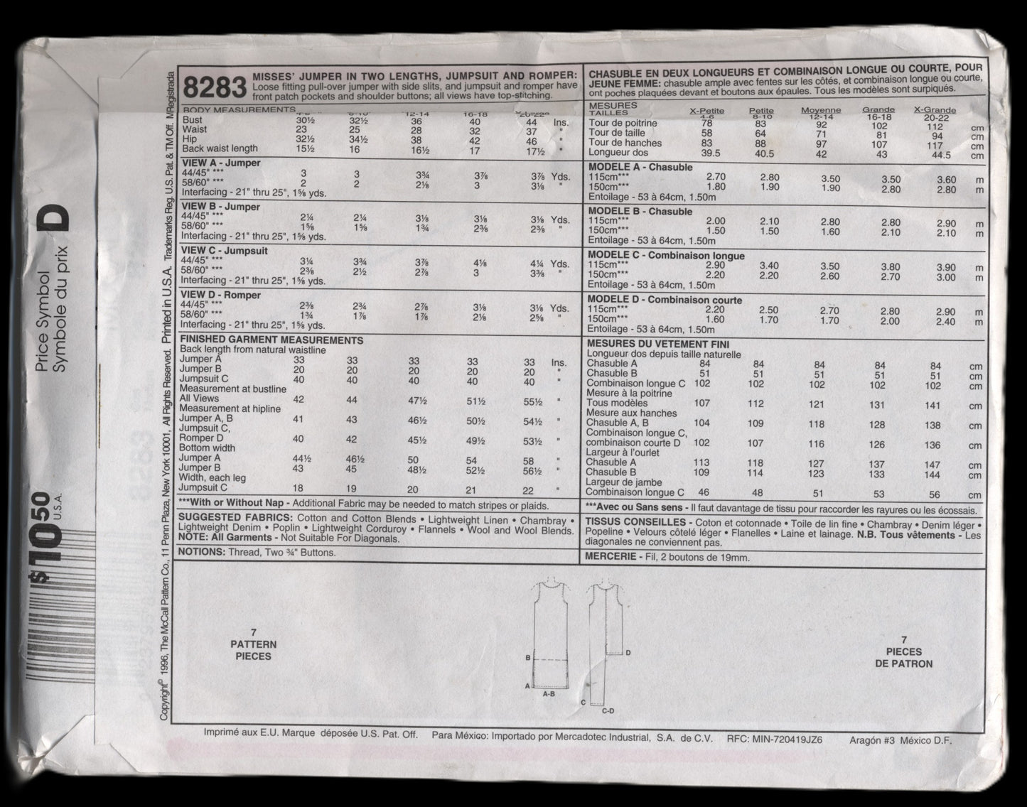 McCalls 8283 Misses Jumper in Two Lengths, Jumpsuit and Romper Sewing Pattern - UNCUT Size Medium (12,14)