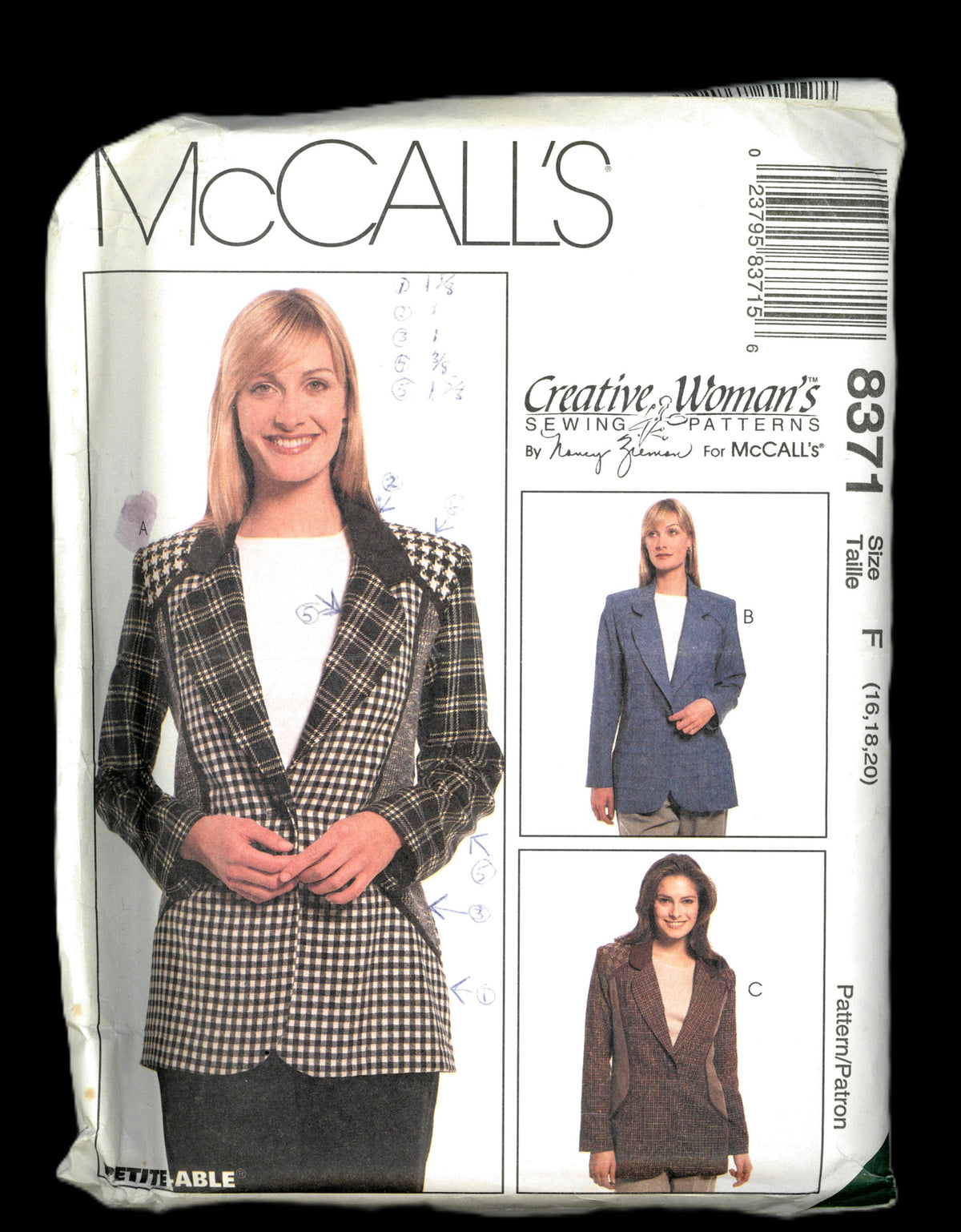 McCalls 8371 Nancy Zieman Misses Lined Jackets Sewing Pattern - UNCUT - Size 12 14 16 or Size 16 18 20