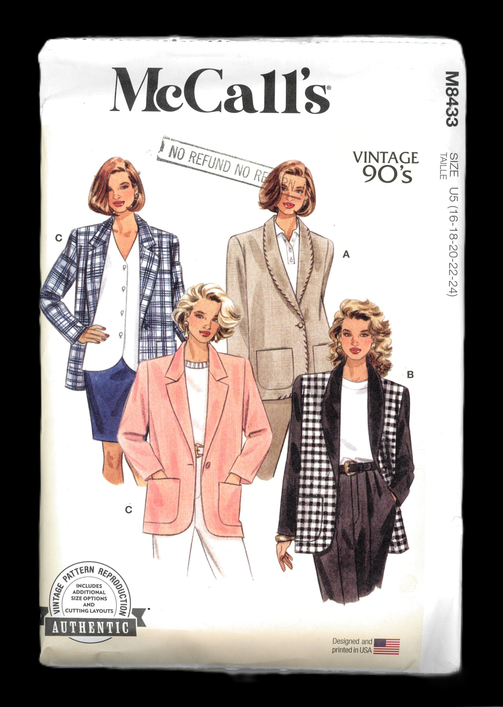 McCalls 8433 MissesJackets Sewing Pattern - UNCUT - Size 16 18 20 22 24