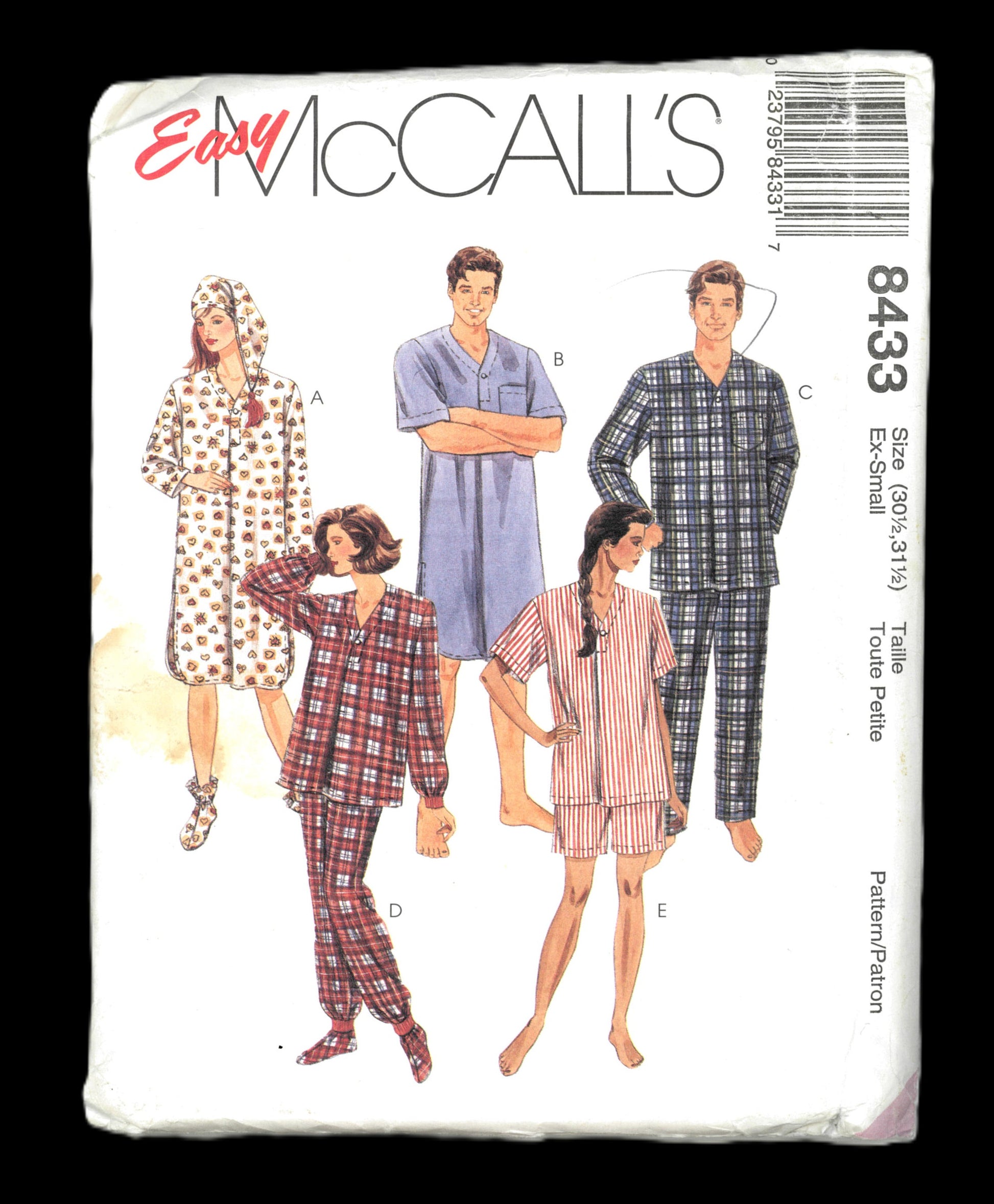 McCalls 8433 Misses Mens and Teen Boys Sleepwear Hat and Bootees Sewing Pattern -  UNCUT Size Ex Small (30 1/2 - 31 1/2)