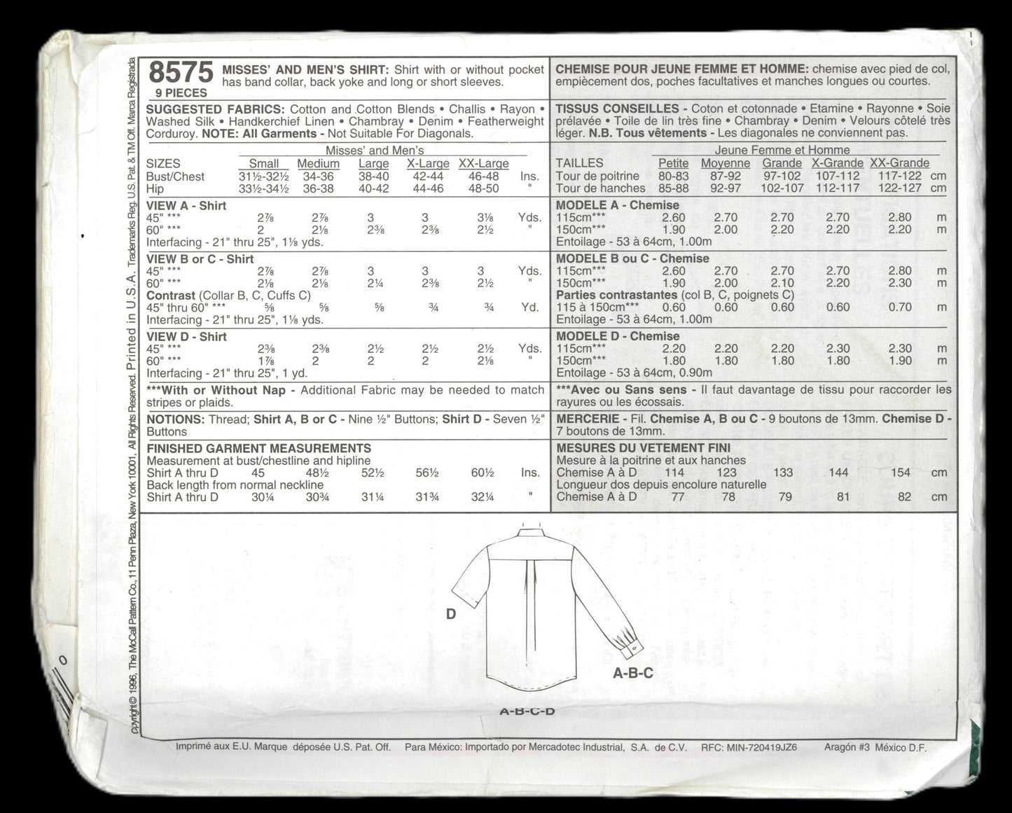 McCalls 8575 Misses and Mens Shirt Sewing Pattern UNCUT - Size Small or size Medium