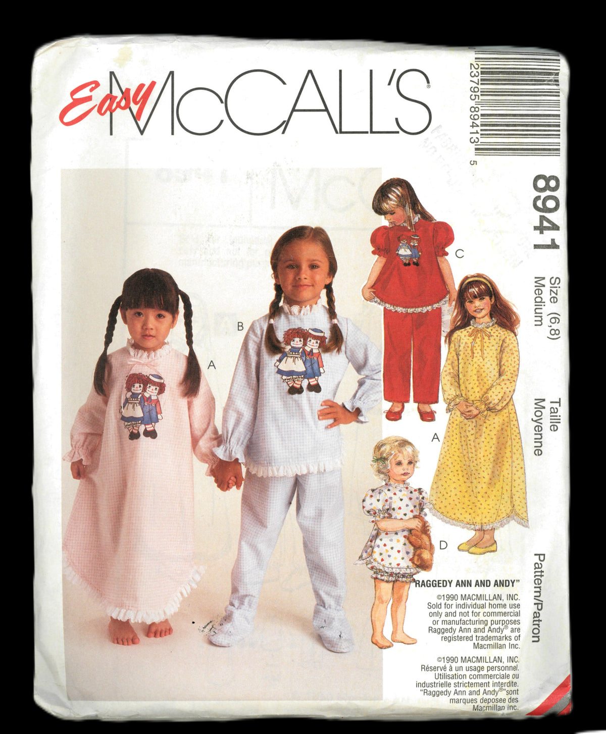 McCalls 8941 Raggedy Ann Girls Nightgown Pajamas and Permanent Multi Color Transfer Sewing Pattern - UNCUT - Size Medium ( 6,8)