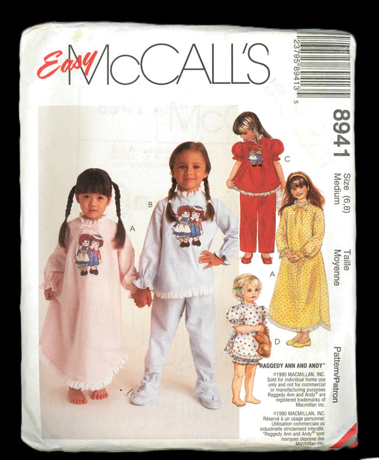 McCalls 8941 Raggedy Ann Girls Nightgown Pajamas and Permanent Multi Color Transfer Sewing Pattern - UNCUT - Size Medium ( 6,8)
