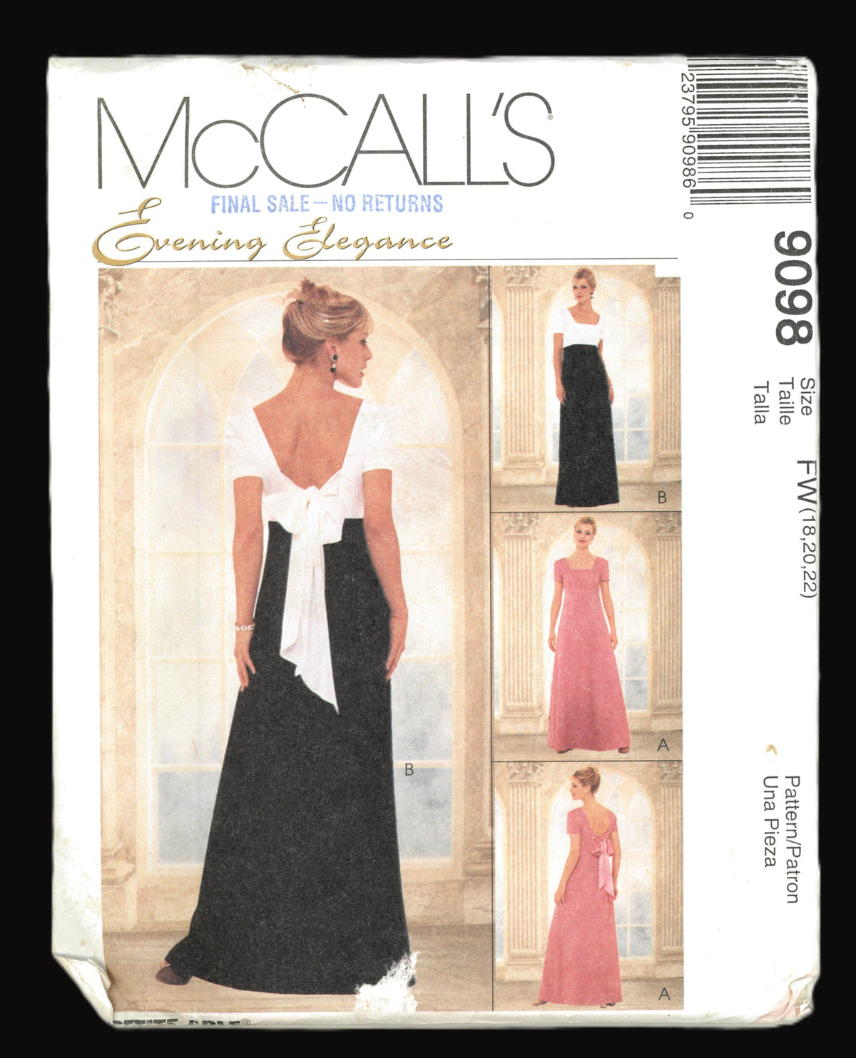 McCalls 9098 Evening Elegance Misses Lined Dress Sewing Pattern - UNCUT - Size 18 20 22