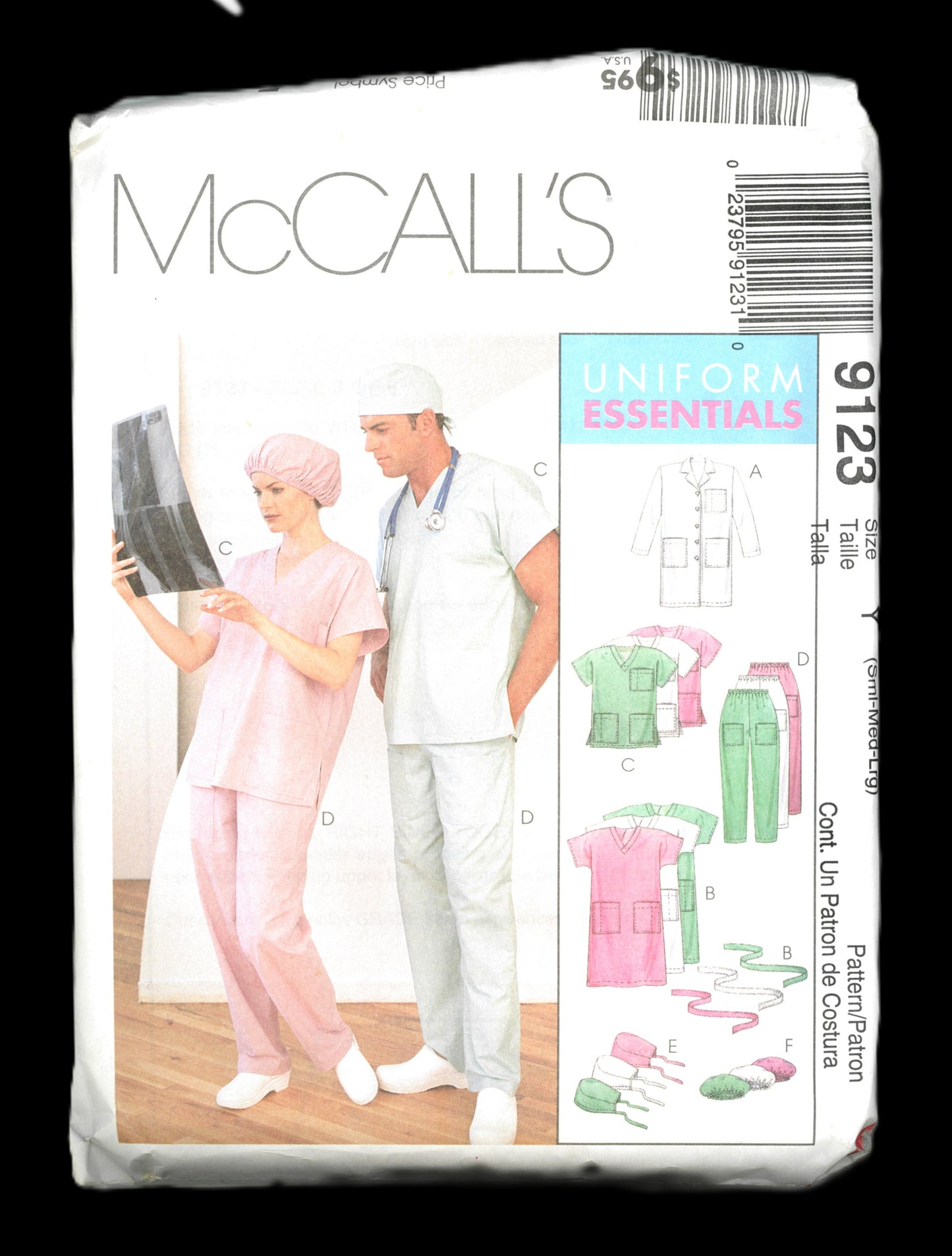 McCalls 9123 Misses and Mens Lab Coat, Dress, Top , Pull on Pants, Hats and Tie Belt Sewing Pattern - UNCUT - Size Sml Med Lrg