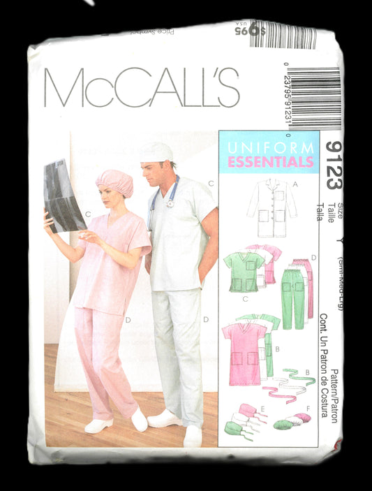 McCalls 9123 Misses and Mens Lab Coat, Dress, Top , Pull on Pants, Hats and Tie Belt Sewing Pattern - UNCUT - Size Sml Med Lrg